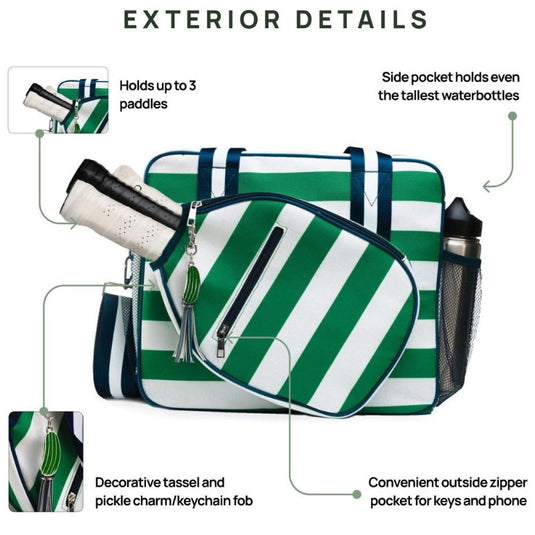 Green & Navy Stripe Pickleball Tote - Exterior Details