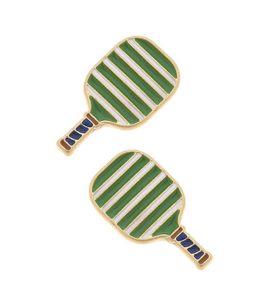 Green & White Striped Pickleball Paddle Stud Earrings