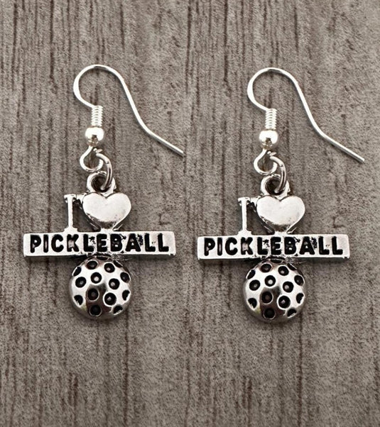 I Heart Pickleball Dangle Earrings Silver
