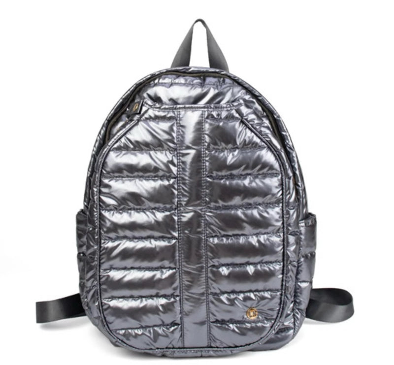 Load image into Gallery viewer, Metallic Silver Puffer Pickleball Backpack - front view
