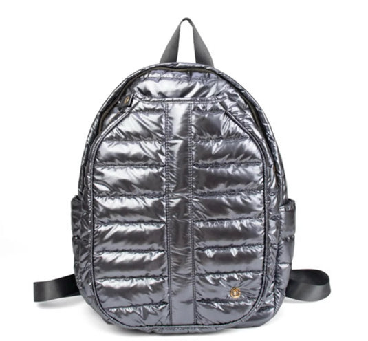Metallic Silver Puffer Pickleball Backpack - front view