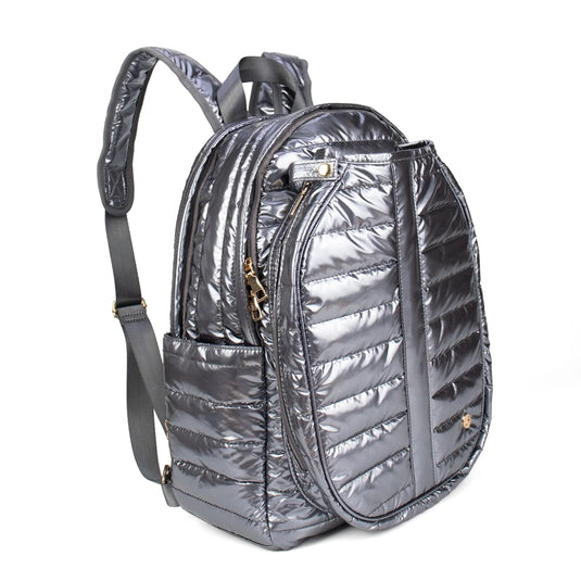 Metallic Silver Puffer Pickleball Backpack - Side View
