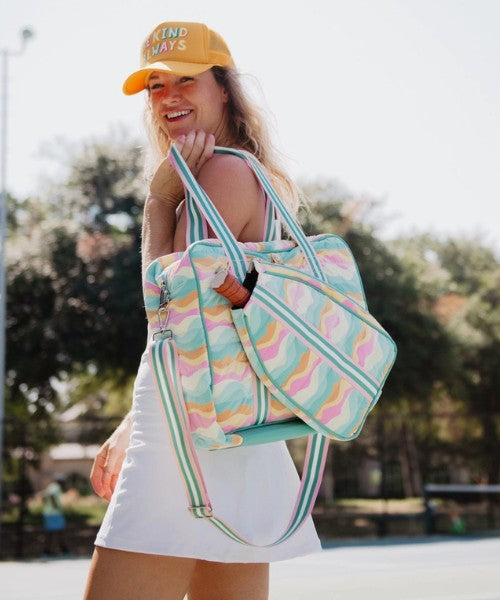 Mint Multi Abstract Puffer Pickleball Tote with Woman