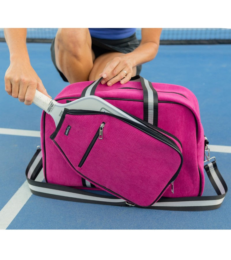 Load image into Gallery viewer, Corduroy Pickleball Tote Raspberry - Paddle Pocket
