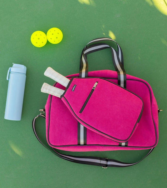 Corduroy Pickleball Tote Raspberry on Court