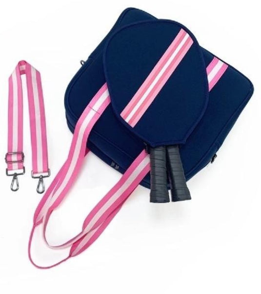 Neoprene Pickleball Tote Bag - Navy with Pink Straps