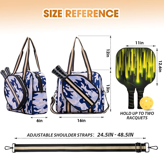 Load image into Gallery viewer, Neoprene Pickleball Bag Blue Camo Dimensions
