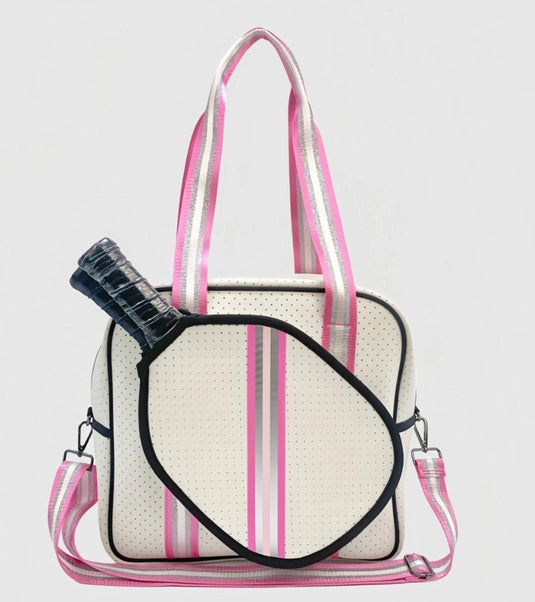Neoprene Pickleball Tote Bag - White with Silver Pink