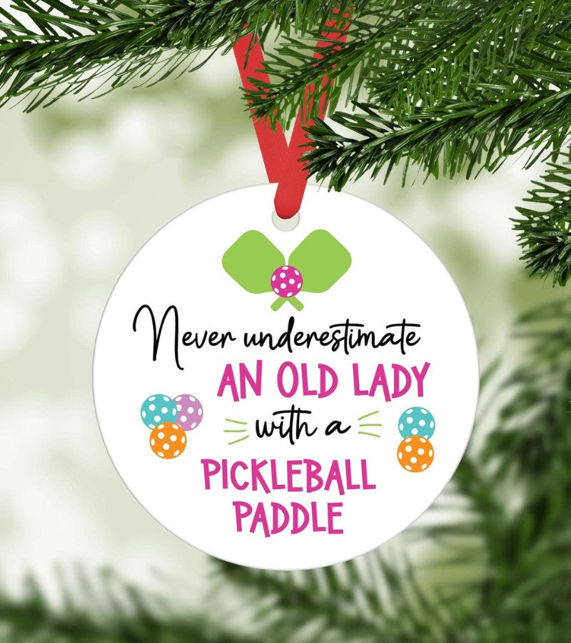 Load image into Gallery viewer, Never Underestimate an Old Lady with a Pickleball Paddle Ornament
