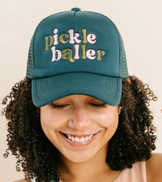 Pickle Baller Trucker Hat on head
