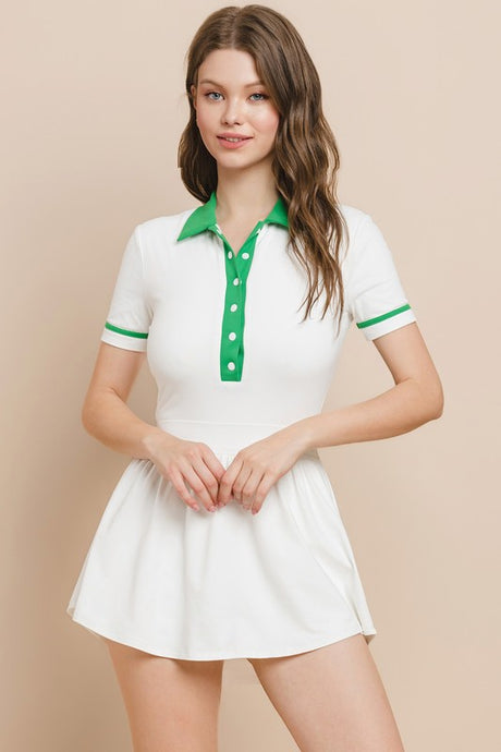 Pickleball Dress with Collar: White with Green Accents