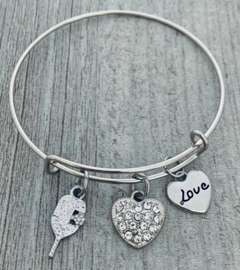 Load image into Gallery viewer, Pickleball Heart Charm Bangle Bracelet
