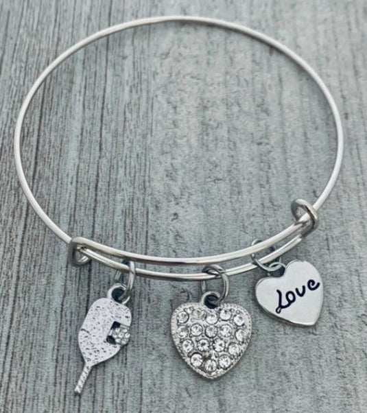 Pickleball Heart Charm Bangle Bracelet