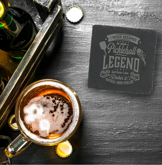 Pickleball Legend Slate Coaster - on table