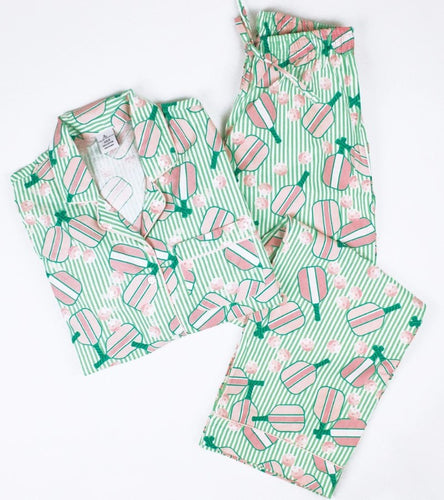 Pickleball Long Sleeve Pajama Set - Green Stripe