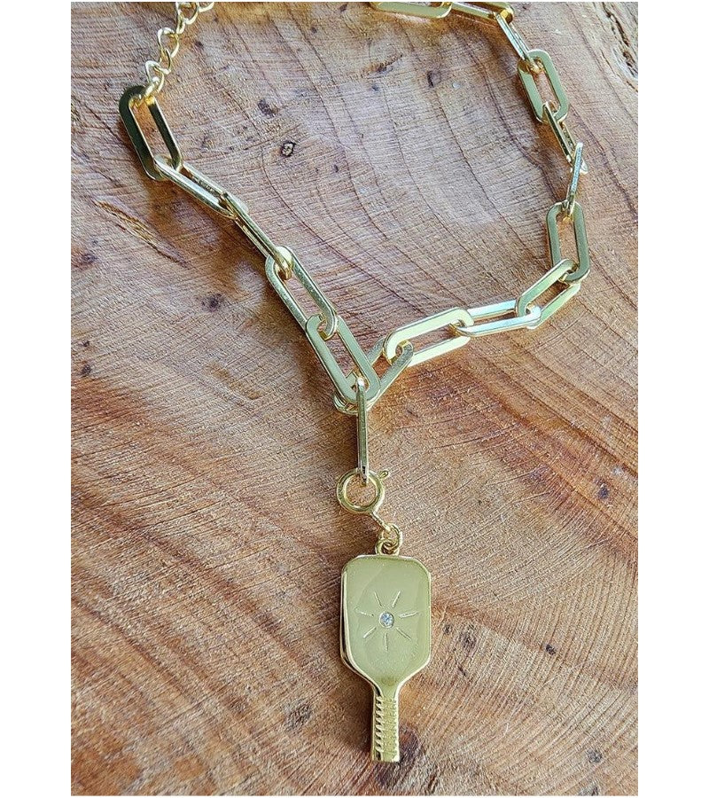 Load image into Gallery viewer, Pickleball Paddle Charm with Clip Link Bracelet Gold
