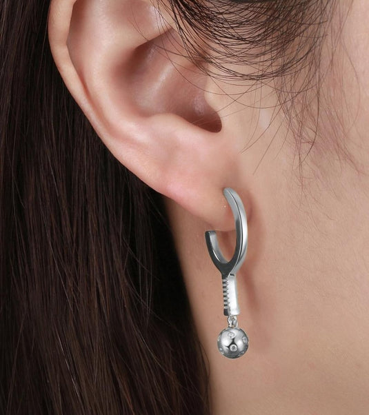 Pickleball Paddle Hoop Earrings Silver in Ear