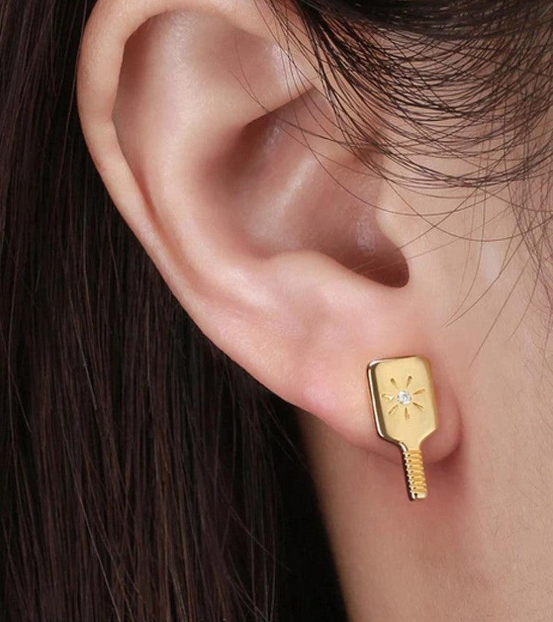 Load image into Gallery viewer, Pickleball Paddle Stud Earrings Gold in Ear
