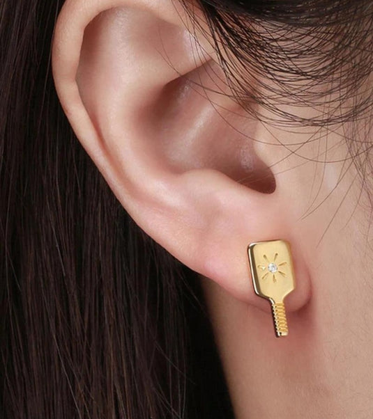 Pickleball Paddle Stud Earrings Gold in Ear