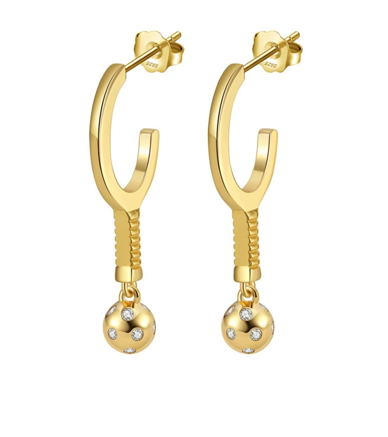 Load image into Gallery viewer, Pickleball Ball &amp; Paddles Gold Hoopla Earrings

