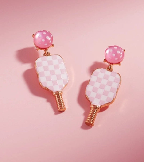 Pickleball Paddle Checkered Drop Earrings - Blue or Pink
