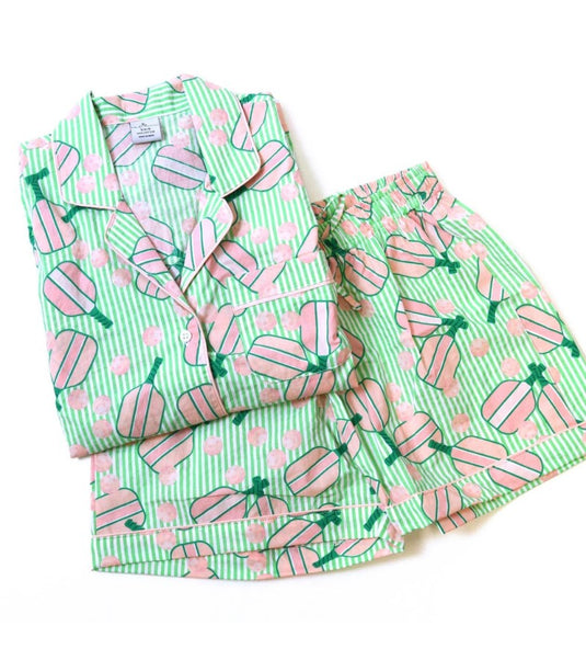 Pickleball Pajamas Green Stripe Short Set