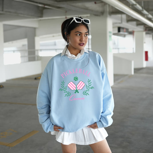 Pickleball Queen Crew Neck Sweatshirt Light Blue