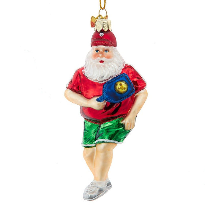 Glass Pickleball Playing Santa Ornament