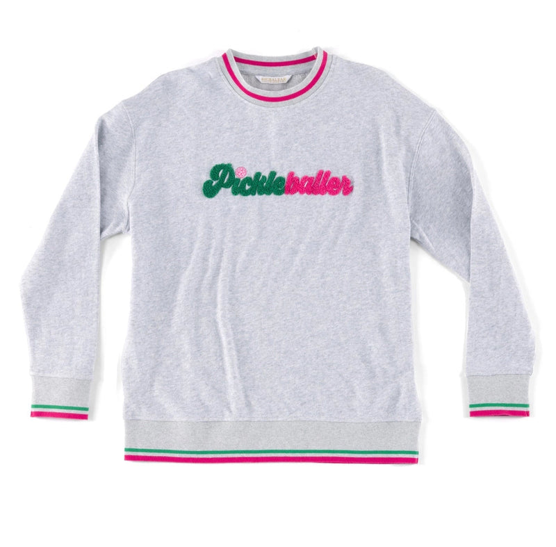 Load image into Gallery viewer, Pickleballer Women&#39;s Crew Neck Sweatshirt in grey with green and hot pink accents.
