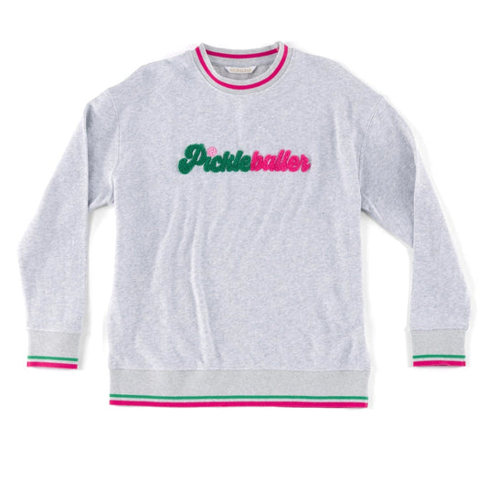 Pickleballer Women's Crew Neck Sweatshirt in grey with green and hot pink accents.