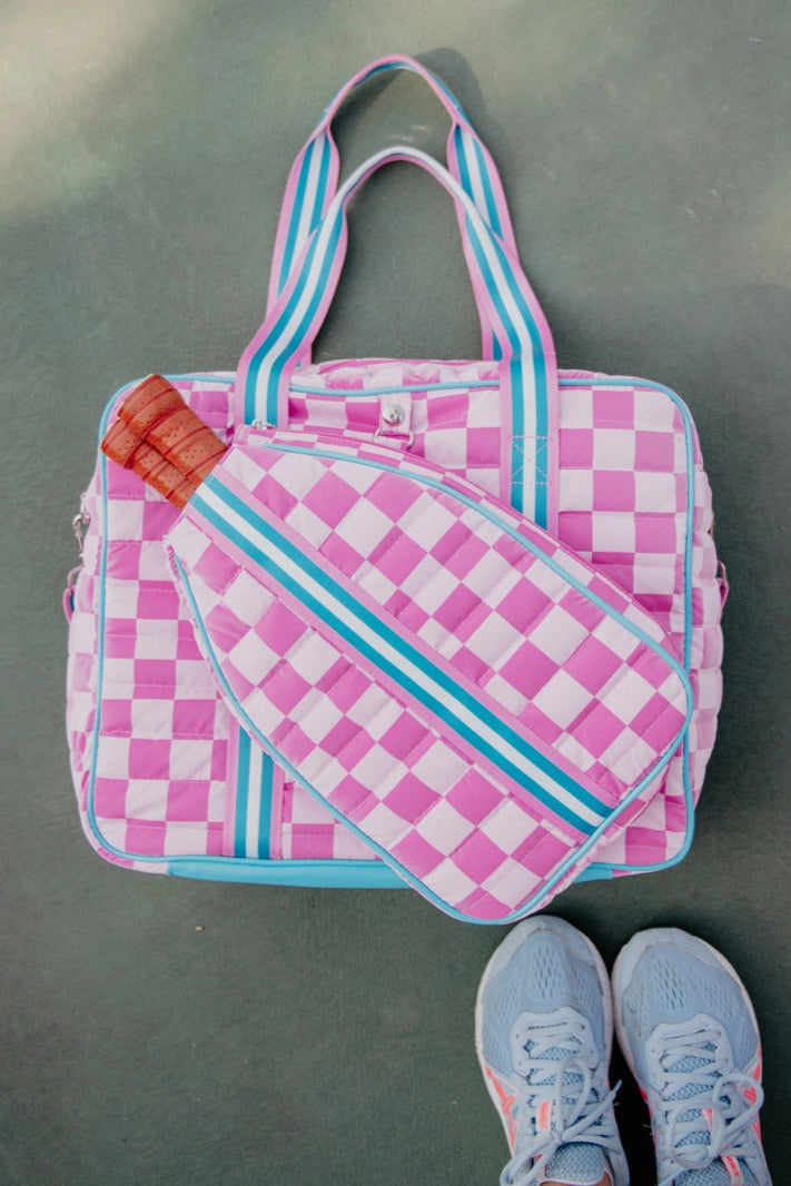 Load image into Gallery viewer, Pink Checkered Pickleball Tote on Court
