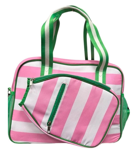 Pink and White Striped Canvas Pickleball Tote