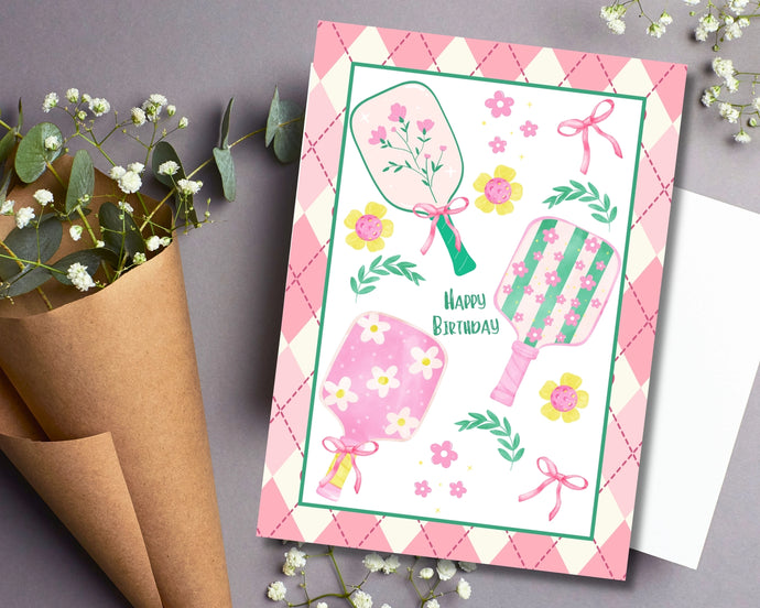 Preppy Watercolor Pickleball Birthday Card for Her