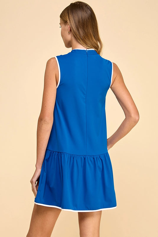 Sleeveless Quarter Zip Athletic Dress with Ruffled Skirt Royal - Back