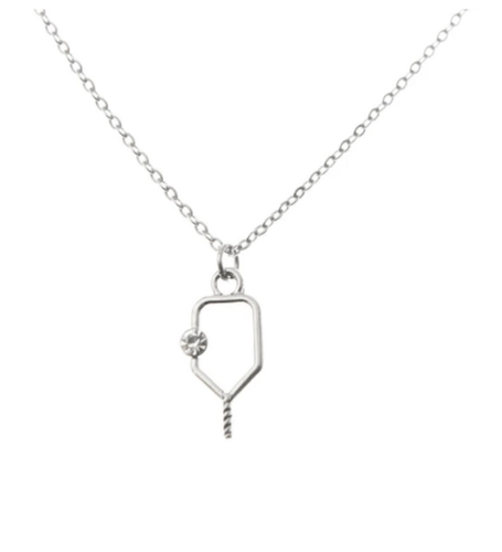 Pickleball Rhinestone Charm Necklace Silver