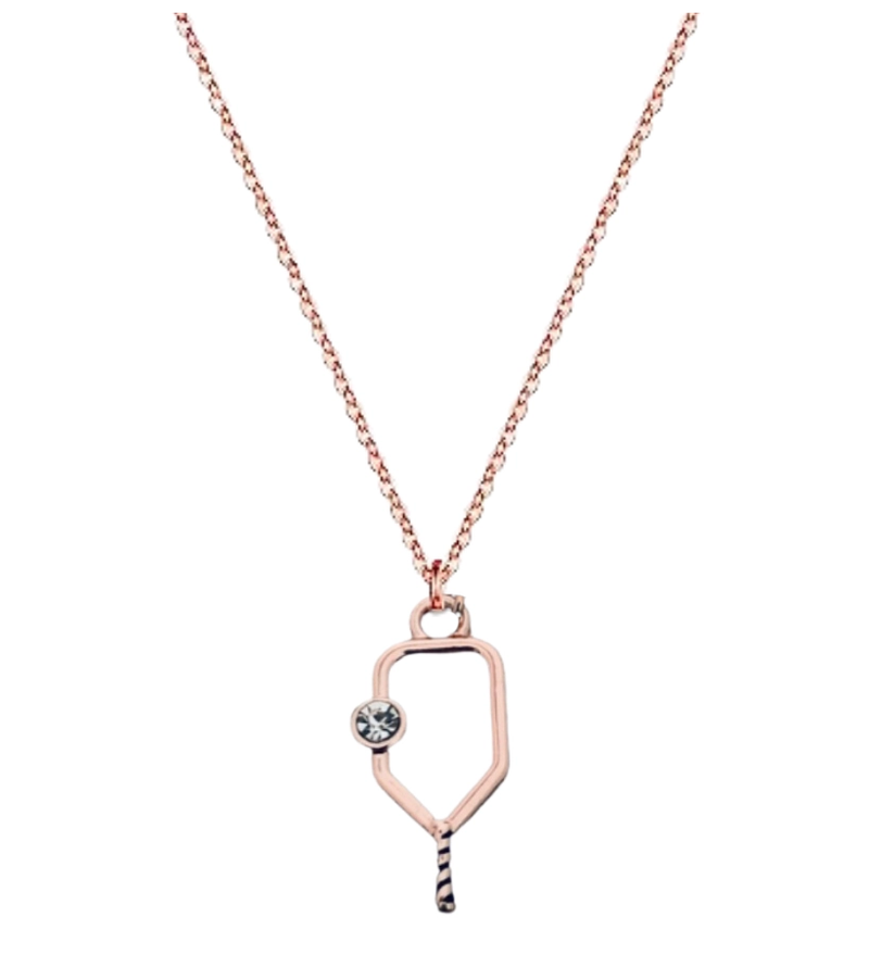 Load image into Gallery viewer, Sportybella Pickleball Rhinestone Charm Necklace Rose Gold
