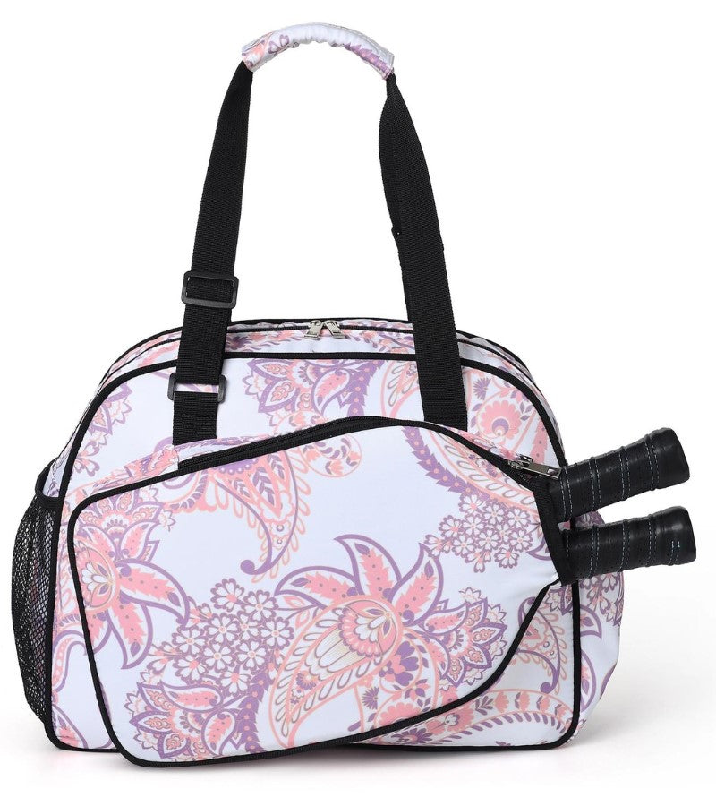 Load image into Gallery viewer, Paisley Pickleball Tote Bag White and Pink
