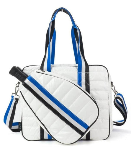White Puffer Pickleball Tote Bag with Blue, Black and White Trim