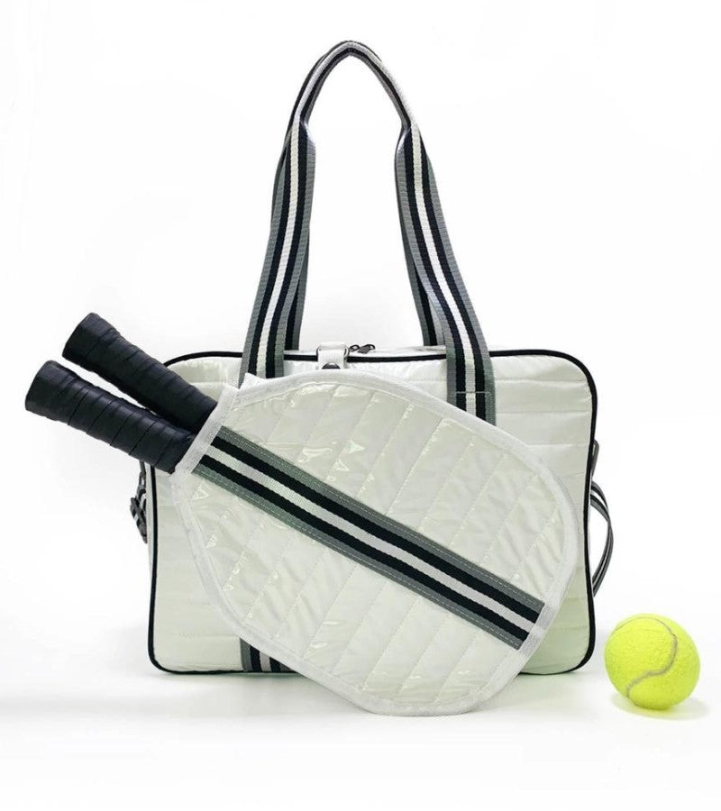 Load image into Gallery viewer, White Puffer Pickleball Tote Bag Small with Black Stripe
